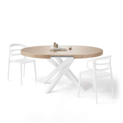 Emma Round Extendable Table, 47,2 - 63 in, Oak with White crossed legs main image