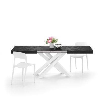Emma 55.1 in, Extendable Dining Table, Concrete Effect, Black with White Crossed Legs