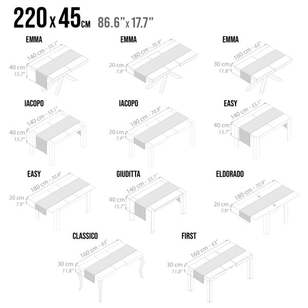 Gioele Cotton table runner 17.71 x 86.61 in, Dark grey technical image 1