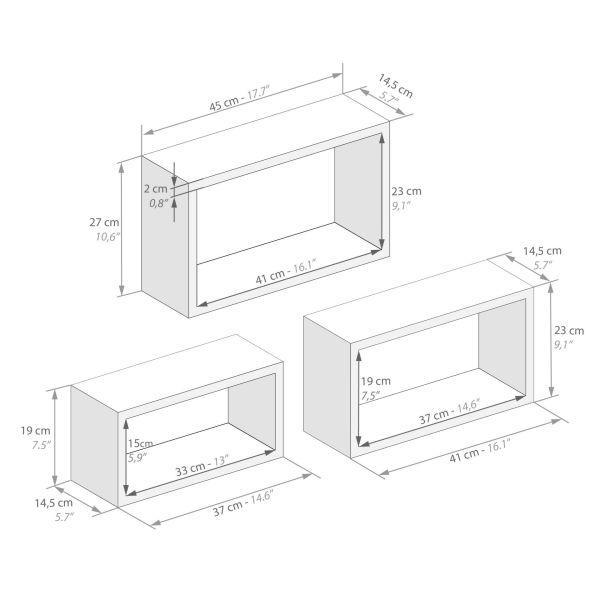 Set of 3 Rectangular Cube Shelves, Giuditta, Rustic Oak technical image 1