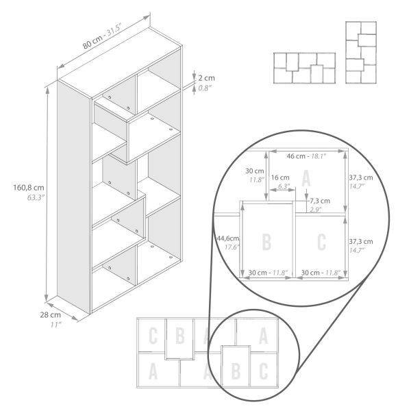Iacopo XS Bookcase (63.31 x 31.5 in), Oak technical image 1