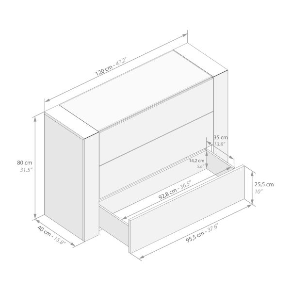 3-Drawer Dresser with glass top, Concrete Effect, Grey technical image 1
