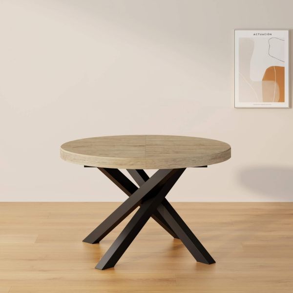 Emma Round Extendable Table, 47,2 - 63 in, Oak with Black crossed legs set image 1