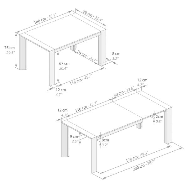 Extendable Table, Giuditta, Concrete Effect, Grey technical image 1